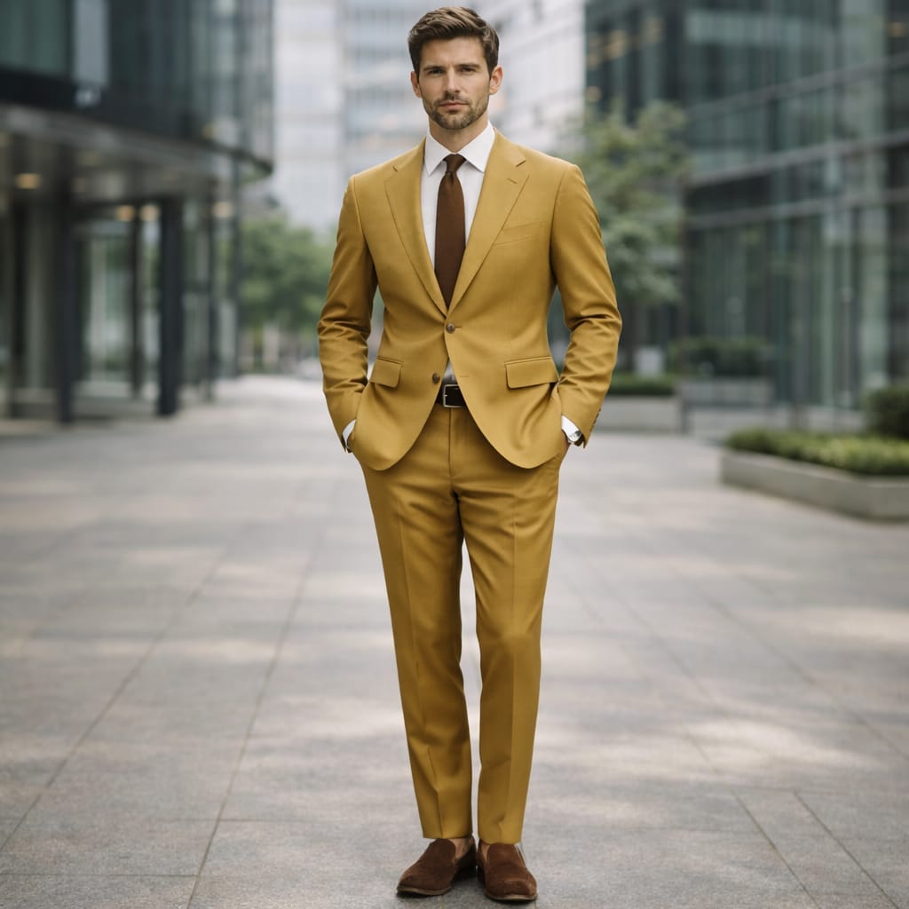 Warm and Earthy Elegance Mustard, Olive and Brown Suits That Make a Statement