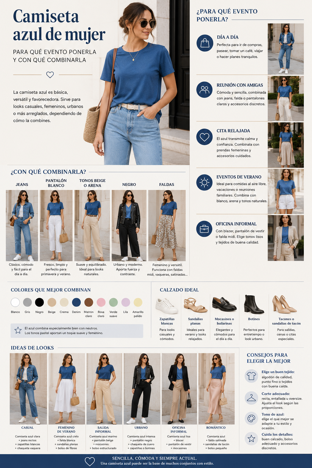 Camiseta azul de mujer: cómo llevarla con estilo en planes casuales y semiinformales