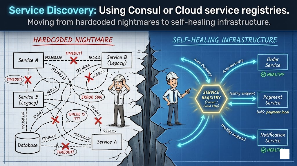 Service Discovery: Using Consul or Cloud service registries.
