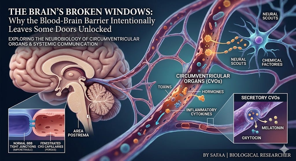 An anatomical illustration highlighting the Circumventricular Organs (CVOs) and fenestrated capillaries allowing the passage of toxins, cytokines, and hormones between systemic circulation and neural pathways. Created by Safaa | Biological Researcher (AI-generated illustration)