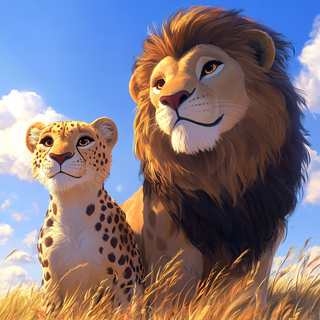 Mrs. Cheetah and Mr. Lion watching the babies play