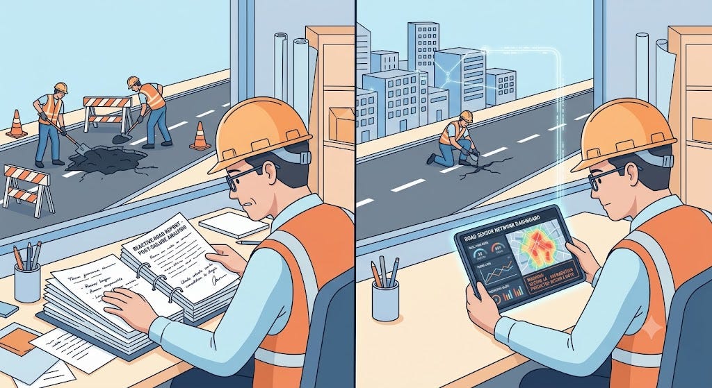 Visual comparison of reactive road maintenance versus predictive, data-driven maintenance