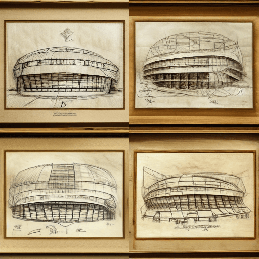 Santiago Bernabeu stadium sketch drawing Leonardo da Vinci style. 4 images by MIdjourney