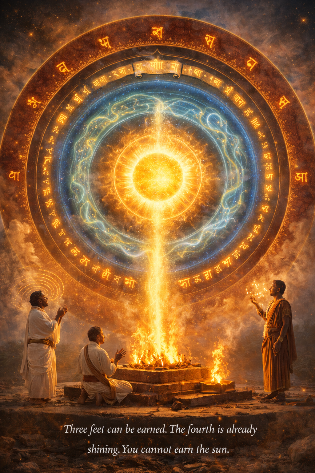 Brihadaranyaka Upanishad 5.14 — The Gayatri’s four feet: three worlds, three Vedas, three pranas — and then the sun, the transcendent fourth that no gift can reach. Fire is its mouth: everything thrown in burns completely. The knower arises pure, ageless, immortal.