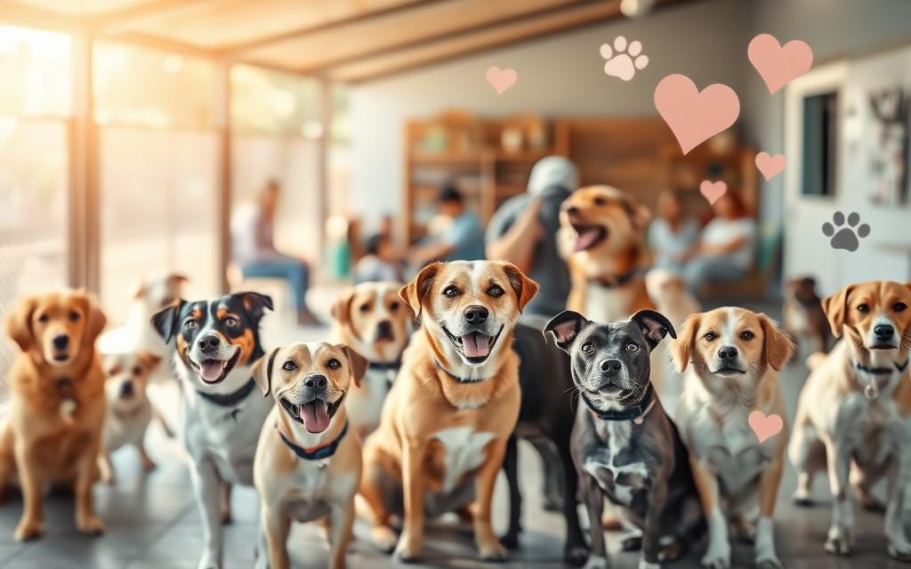 A dog adoption event with various breeds, foster families, and volunteers