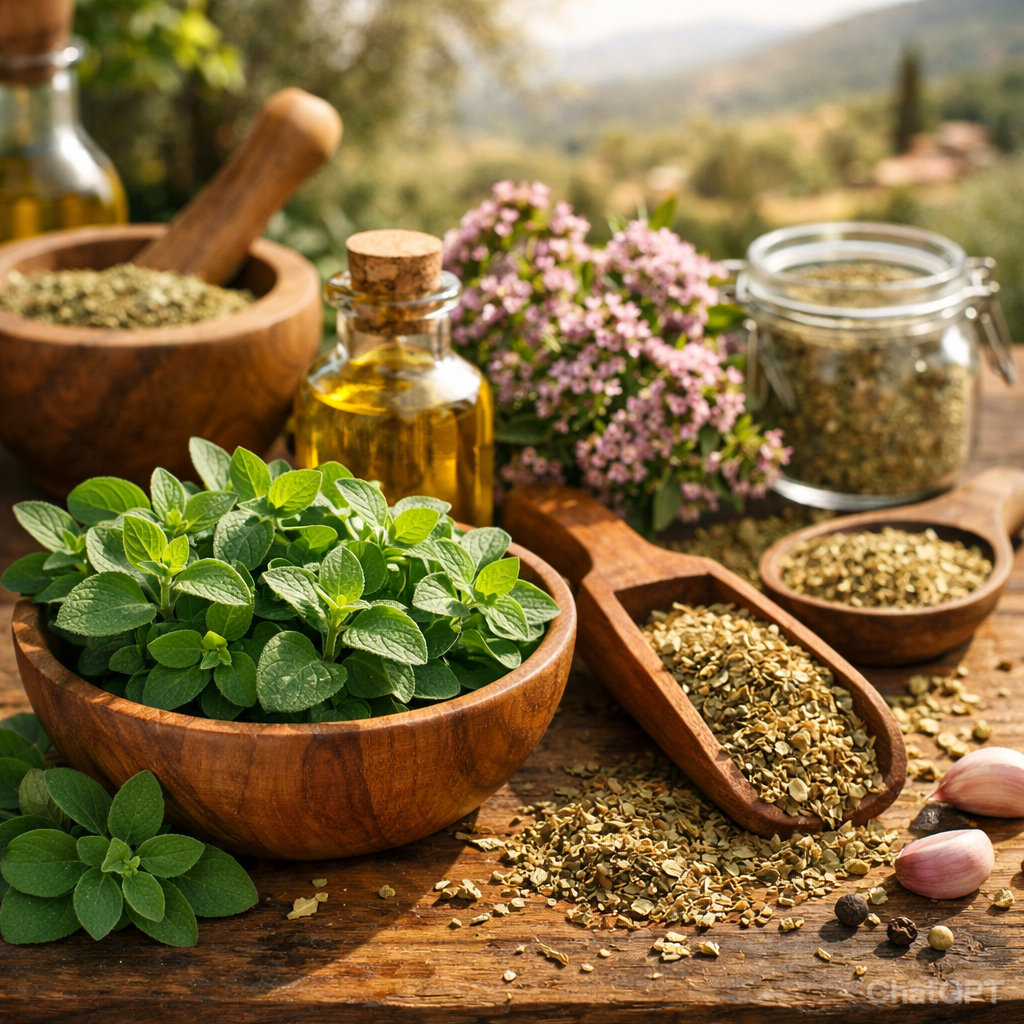 Oregano and Mediterranean beauty on wood