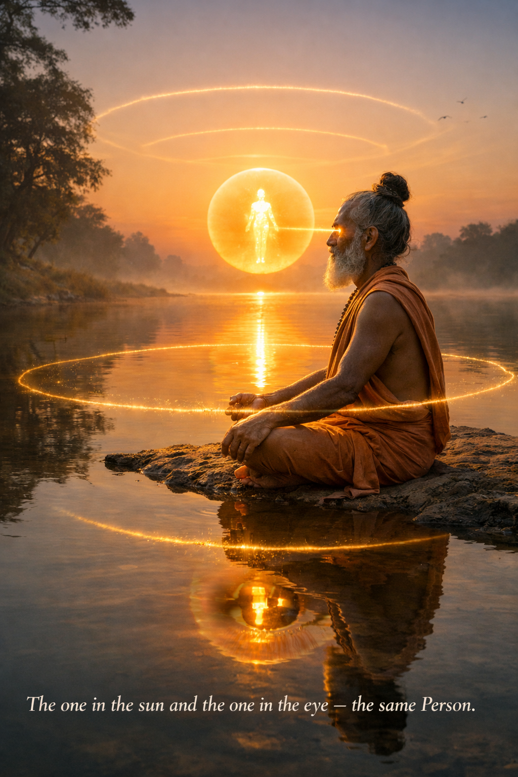 Brihadaranyaka Upanishad 5.5 — Two persons: one in the solar disk, one in the human eye — each established in the other. At death the disk grows perfectly clear. The sun’s secret name: Ahar (Day). The eye’s secret name: Aham (I, Self).
