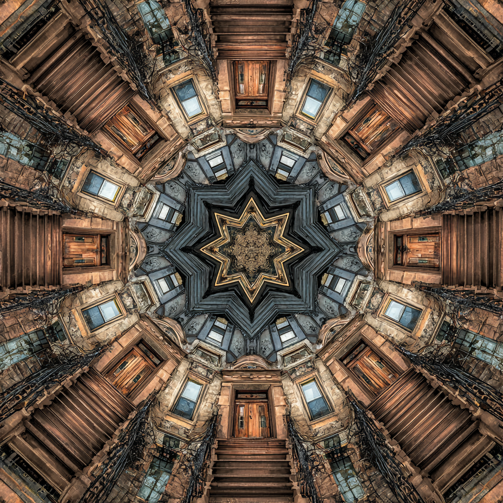 Left: My AI-generated portrait of Guru; Right: Brooklyn brownstone kaleidoscope (both via MidJourney)
