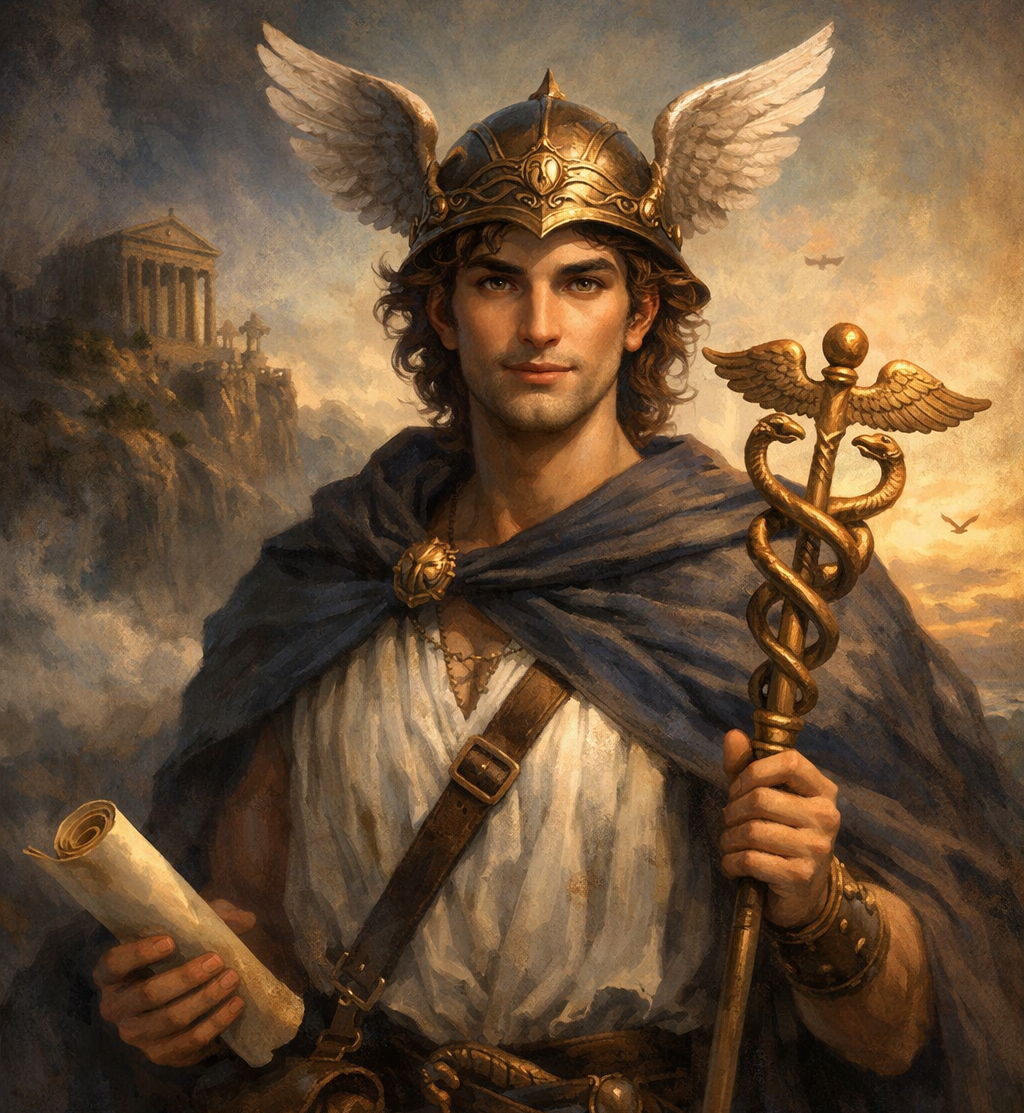 Hermes, Messenger of the Gods. Greek version of Mercury, by ChatGPT