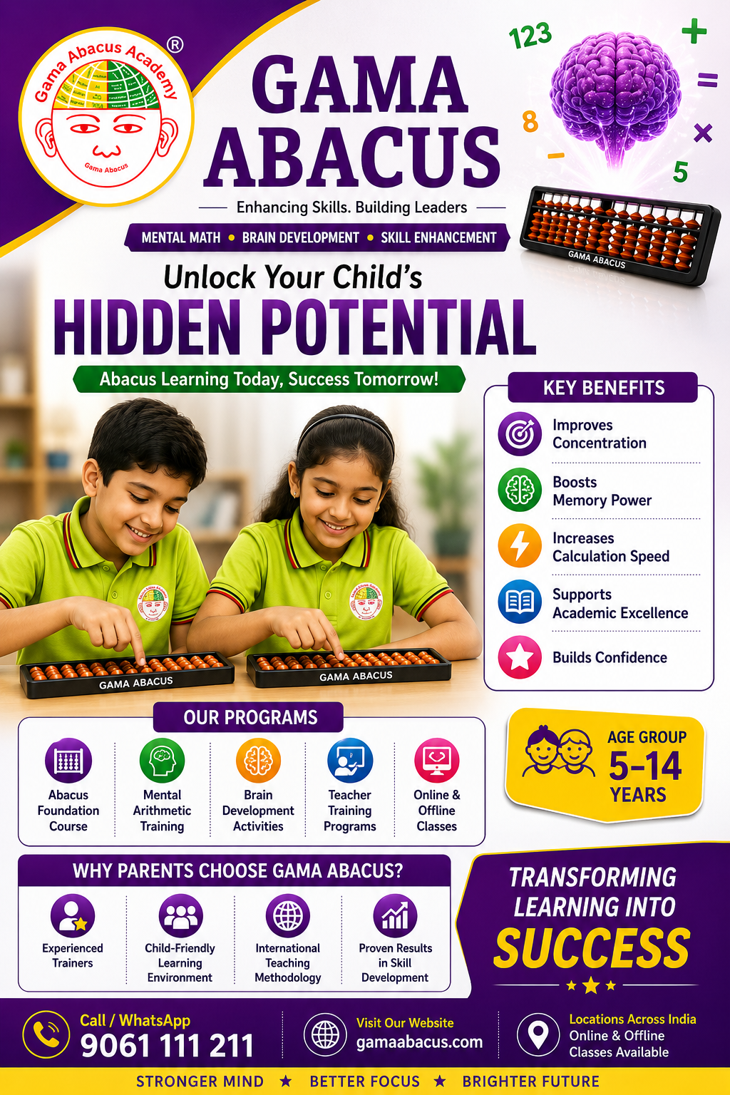 Gama Abacus offers expert abacus and mental math training for children aged 5–14.