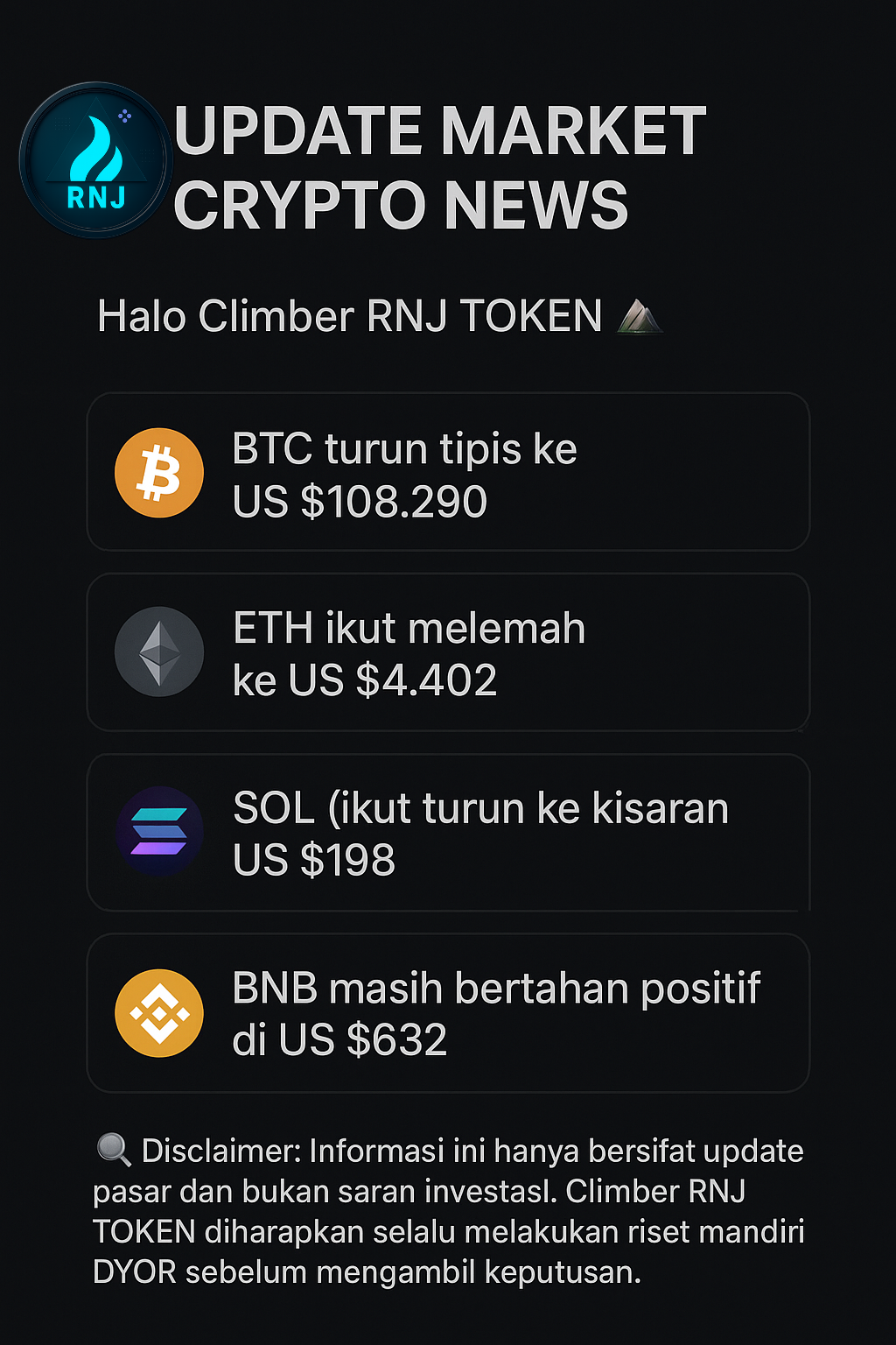 📉 Update Market Crypto News | Kondisi Terbaru untuk Climber RNJ TOKEN