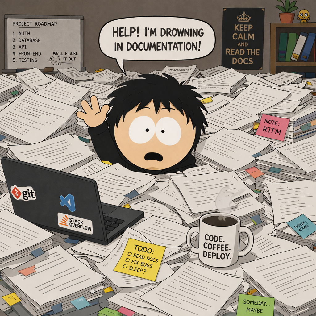 A developer submerged by sheets and docs