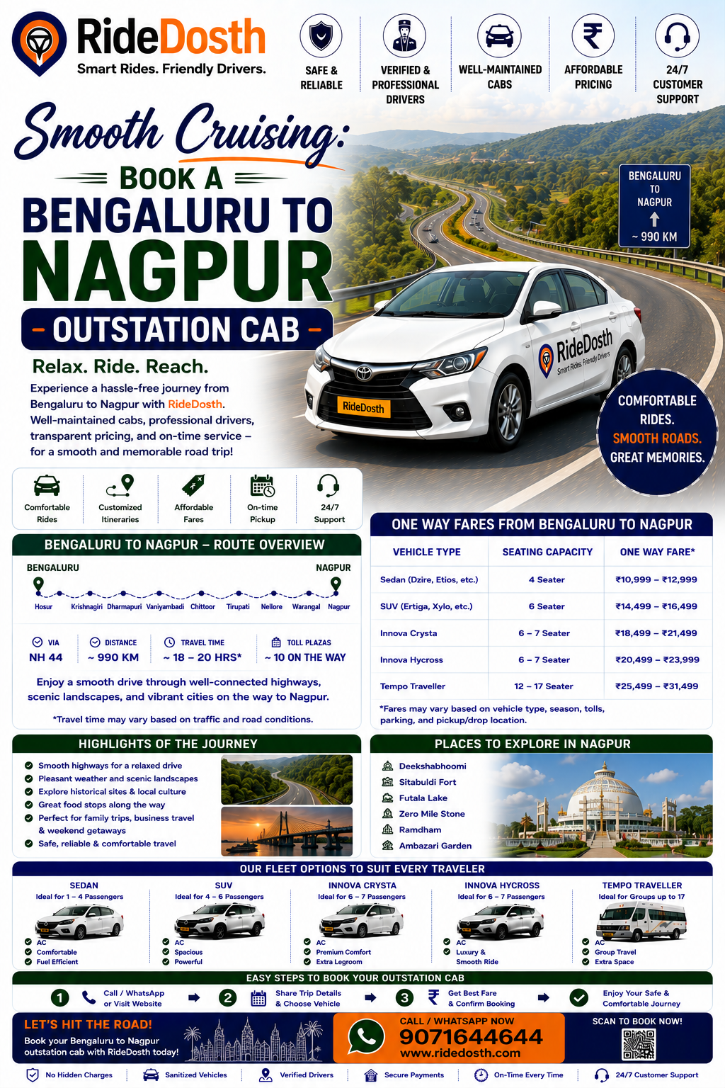 Smooth Cruising: Book a Bengaluru to Nagpur Outstation Cab