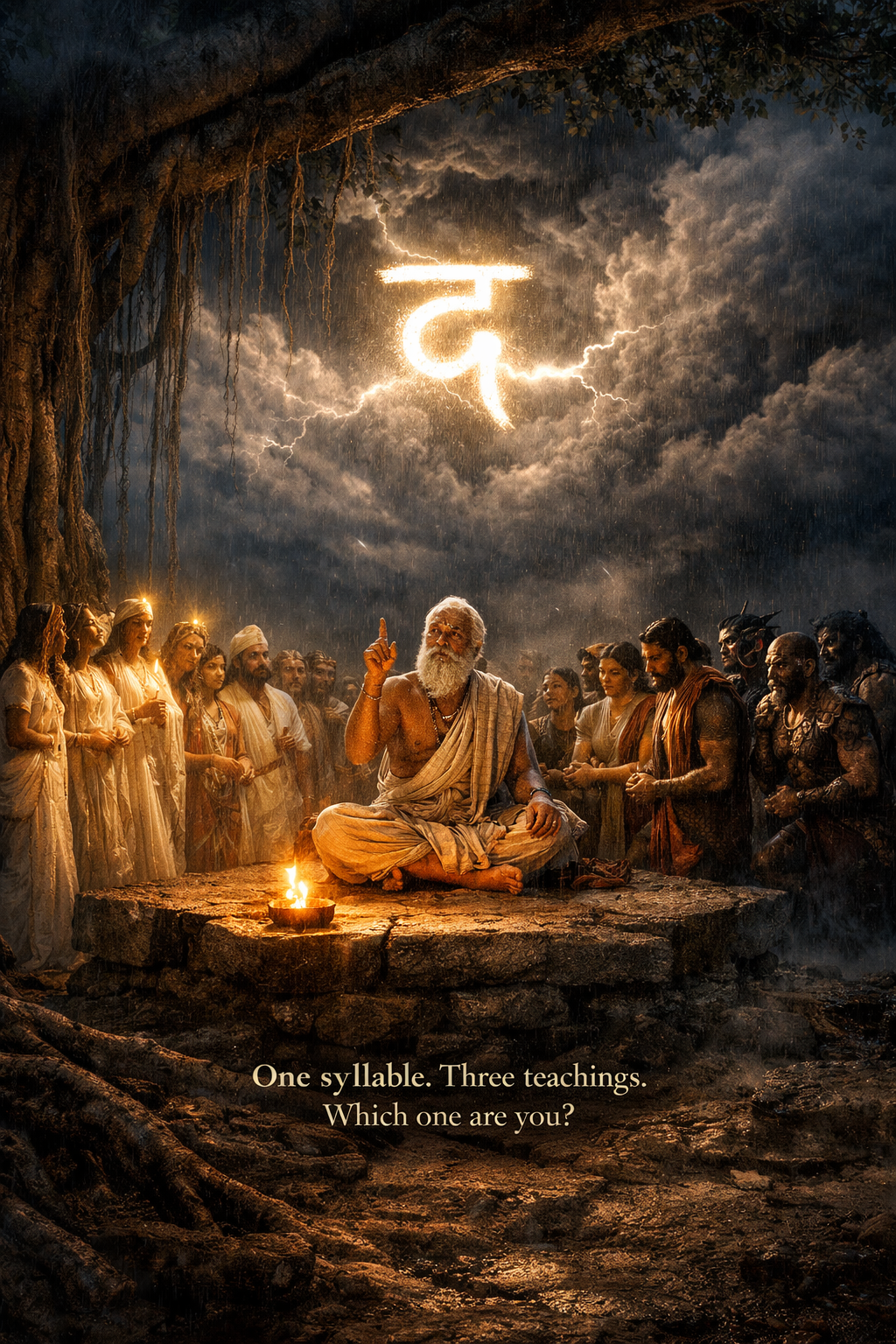 Brihadaranyaka Upanishad 5.2 — Prajapati teaches gods, humans, and demons the same single syllable “Da.” Each hears its own medicine: Damyata (restrain), Datta (give), Dayadhvam (have compassion). The thunder still says it.