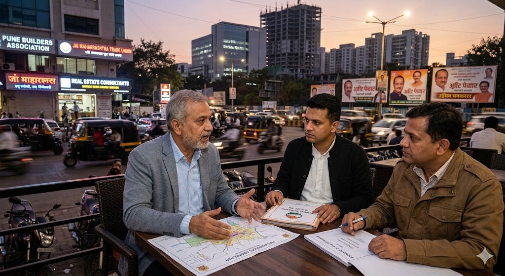 An informal meeting on Pune’s urban development plan amid the city’s rapidly changing skyline. Image created with Gemini AI