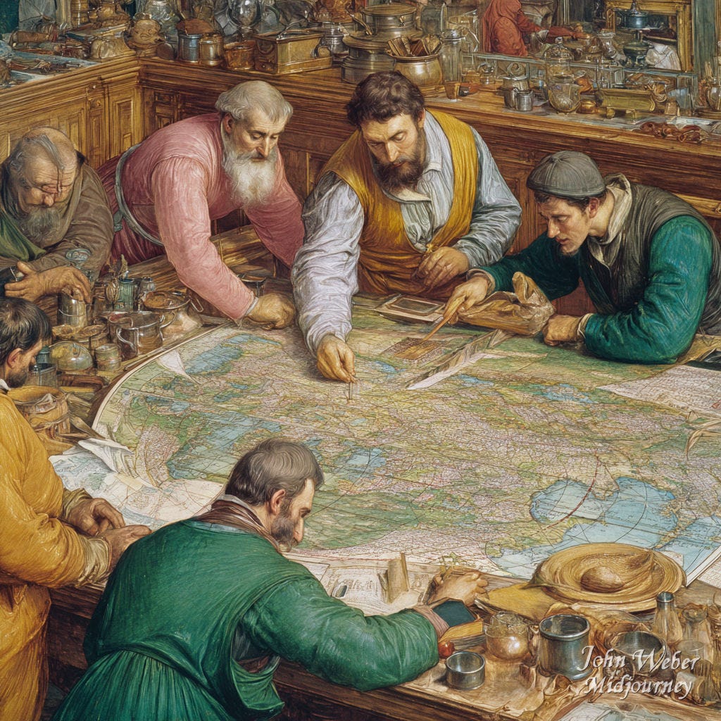 an image of philosophers with a map of a flat earth — created and owned by John Weber AI Art