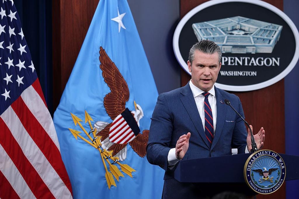 U.S. Secretary of Defense Pete Hegseth speaks during a Pentagon press briefing in Washington, D.C. Photo via Getty Images