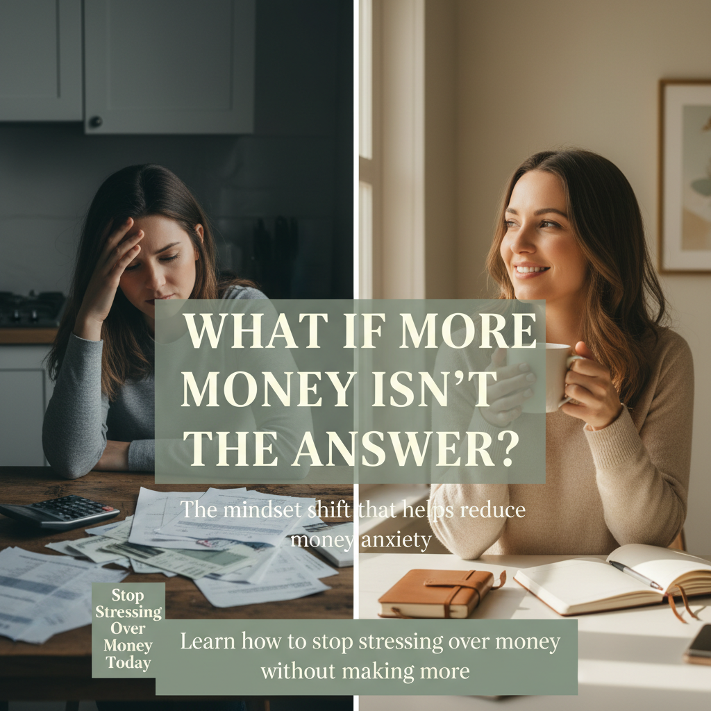 women on one side that is stressed about money and has anxiety from her debt. Mindset shift that helps reduce money anxietey . other side is aa woman who is put together and has her money problems figured out.