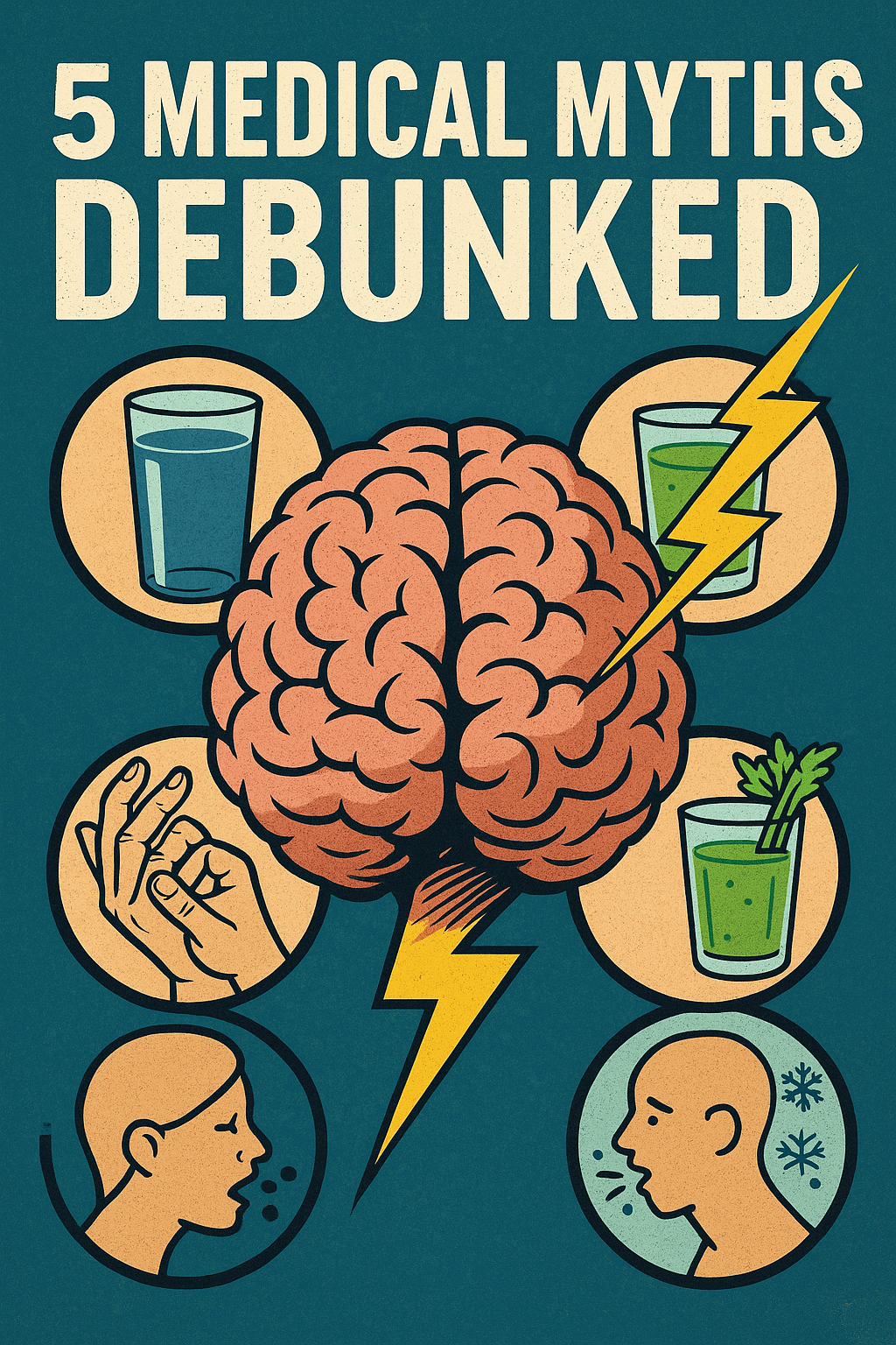 Striking brain-centered illustration debunking five persistent medical myths, from hydration hype to cold-weather colds.