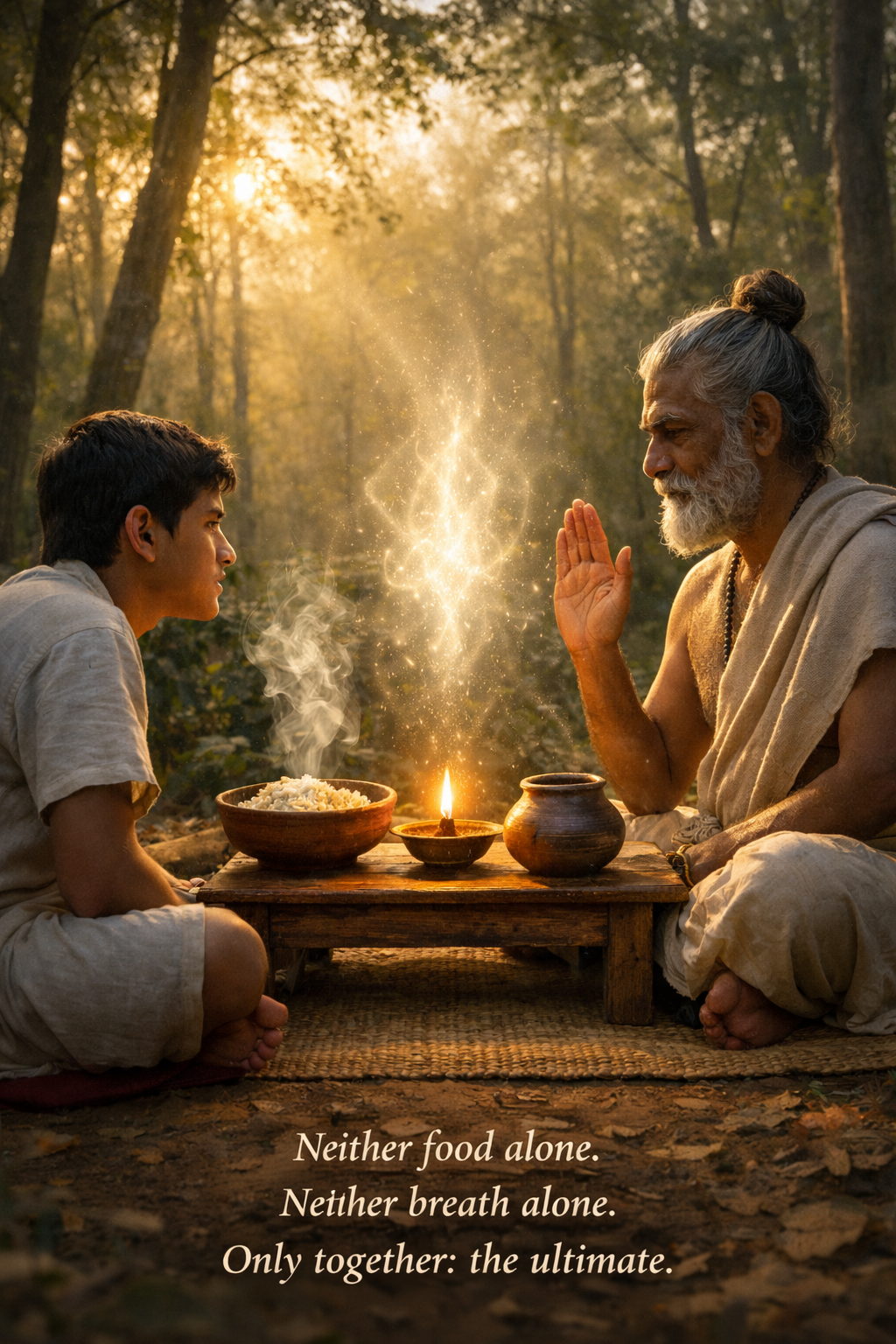 Brihadaranyaka Upanishad 5.12 — Pratarda asks his father what good he can do for one who knows. The father stops him with a hand. Then teaches: Vi (food — all beings enter it), Ra (prana — all beings delight in it). Together they are Brahman. Neither is sufficient alone.