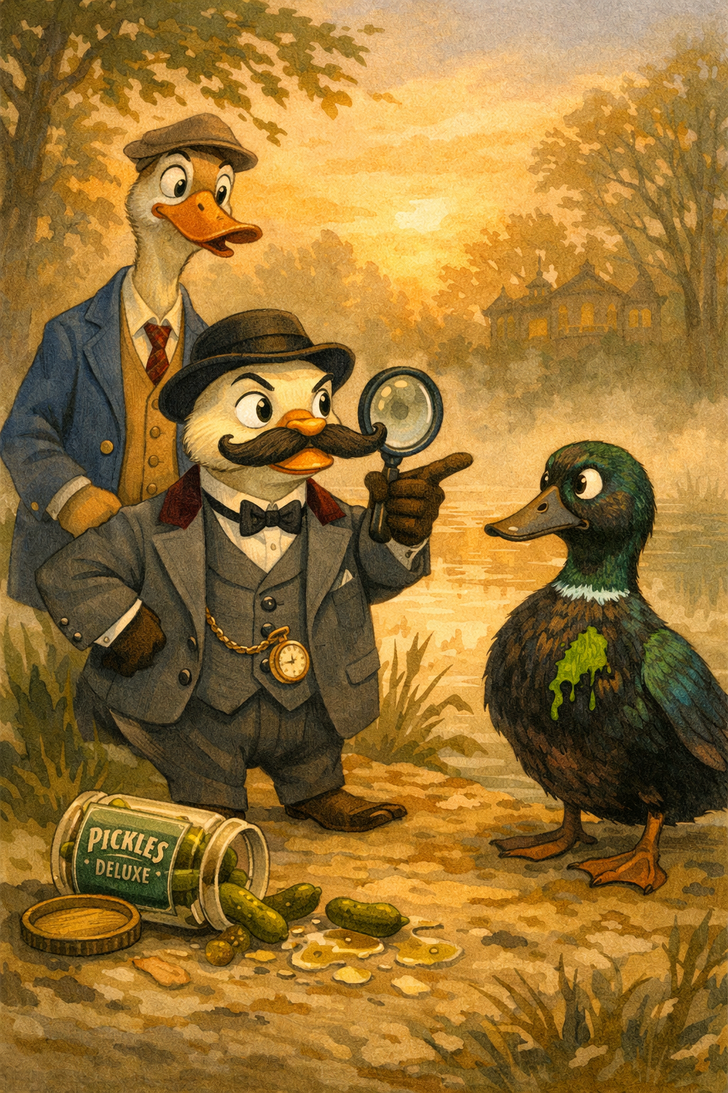 Caught red-billed in a briny scandal — Quackule Poirot returns in The Curious Case of the Cayuga, inspired with a little help from ChatGPT.