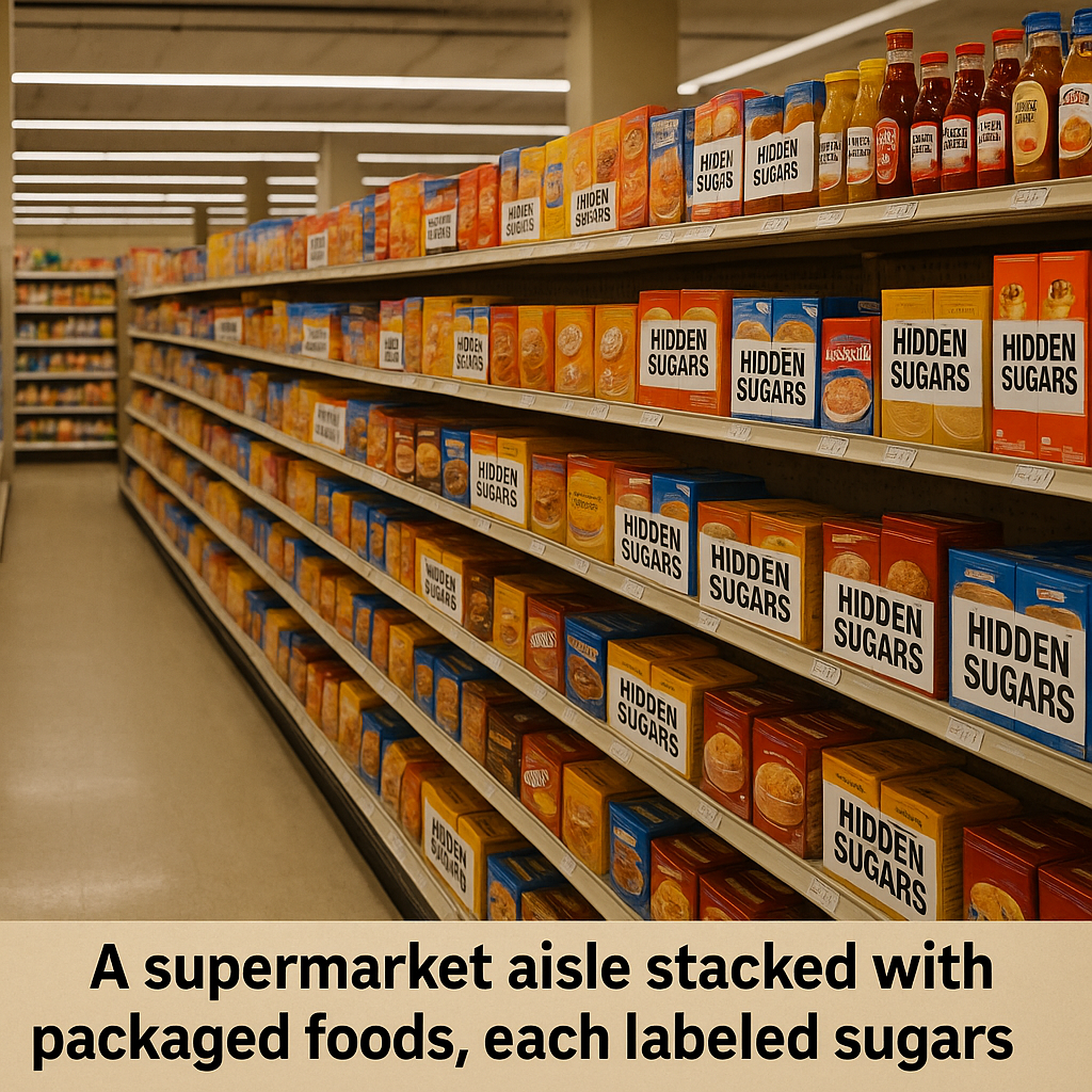 A supermarket aisle stacked with packaged foods, each labeled with hidden sugars. By TandA.