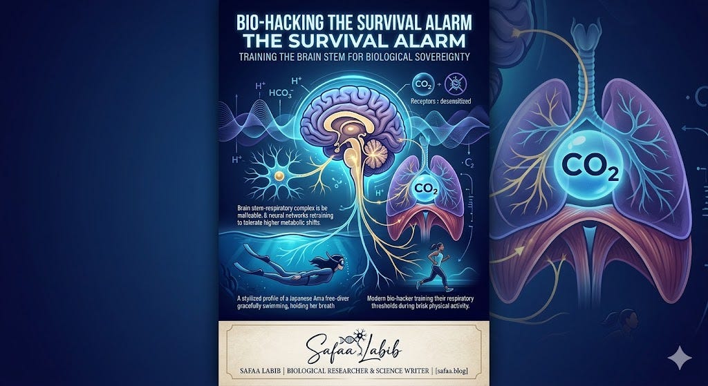 AI-generated infographic illustrating brain stem conditioning, $CO_2$ chemoreceptor desensitization, and autonomic bio-hacking inspired by Ama divers.Concept and visual design authored by Safaa Labib, Biological Researcher & Science Writer.