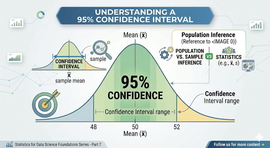 Confidence interval showing the range where the true population value is likely to lie.
