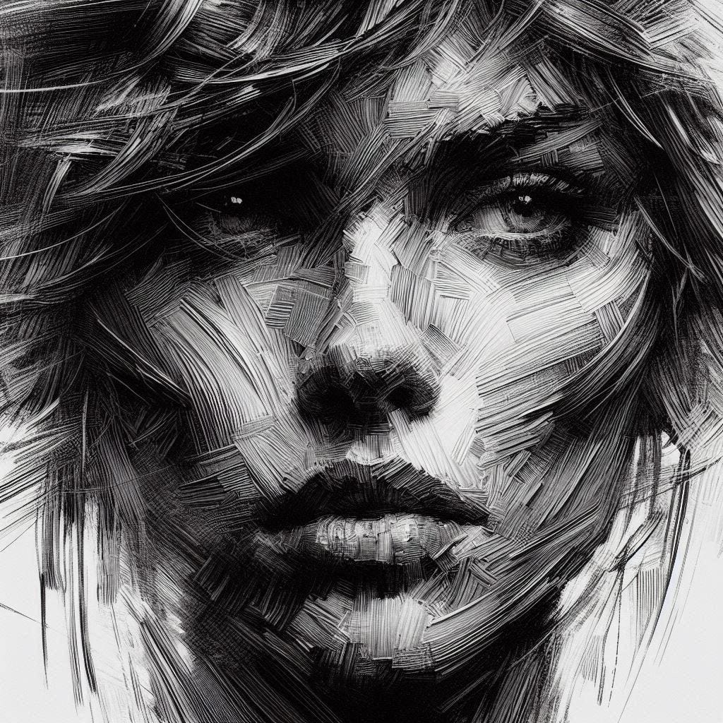 Prompts: ‘portrait, oil painting, opposite of clean rendering’ •’ portrait, opposite of smooth 2D line art’. Two short inversions produce very different forms of visual roughness. The first replaces polished AI portrait rendering with chunky, visible paint structure, while the second abandons smooth digital linework in favor of dense, heavily textured markings reminiscent of charcoal or woodcut techniques.