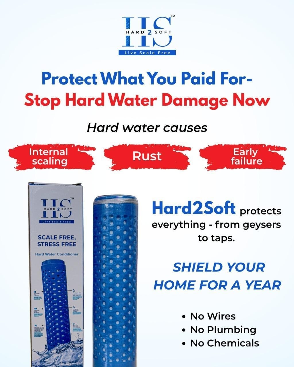 Protect appliances using H2S Hard2Soft water conditioner.