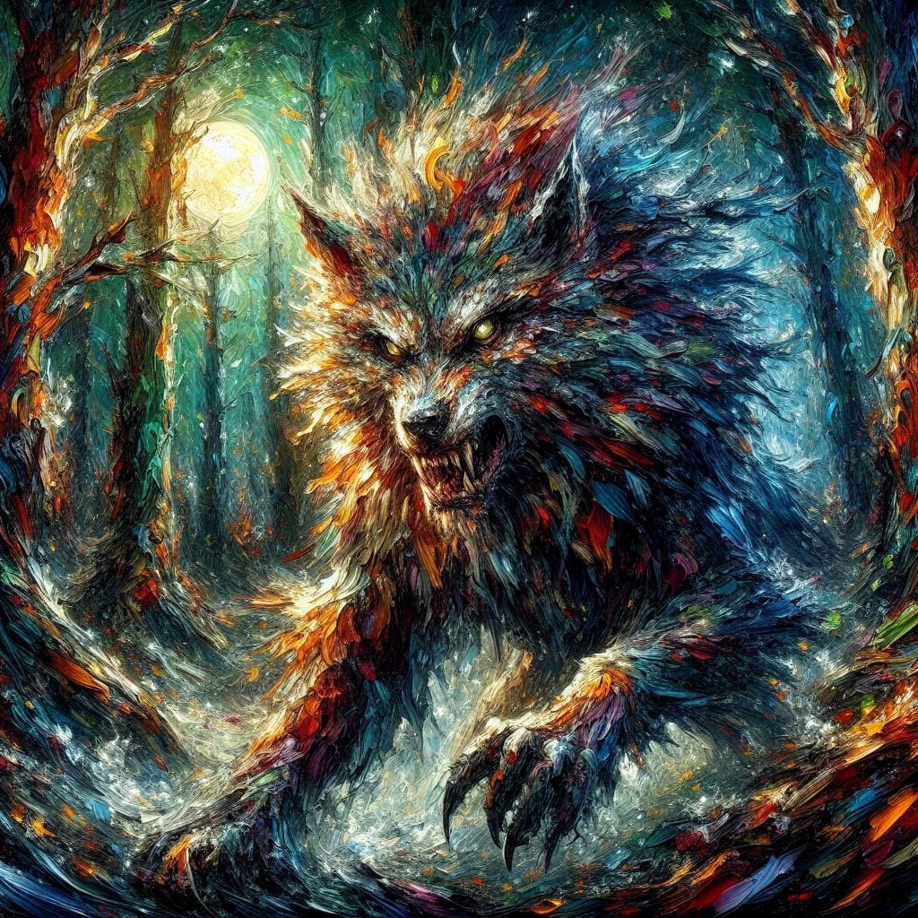 ‘vibrant werewolf painting, in woods, clean canvas’ → ‘vibrant werewolf painting, in woods, opposite of clean canvas’: The clean canvas prompt produces a polished, softly lit AI-style illustration with smooth gradients and controlled detail. The other removes that sense of digital cleanliness, shifting the image into heavy impasto paint, broken color transitions, and expressive brushwork that feels more physically constructed than rendered.