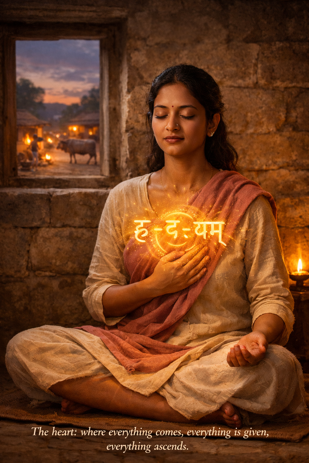 Brihadaranyaka Upanishad 5.3 — Hridayam parsed as three syllables: Hr (to hold), Da (to give), Yam (to guide upward). This is Prajapati. This is Brahman. This is all. The center of the word is the center of the cosmos.