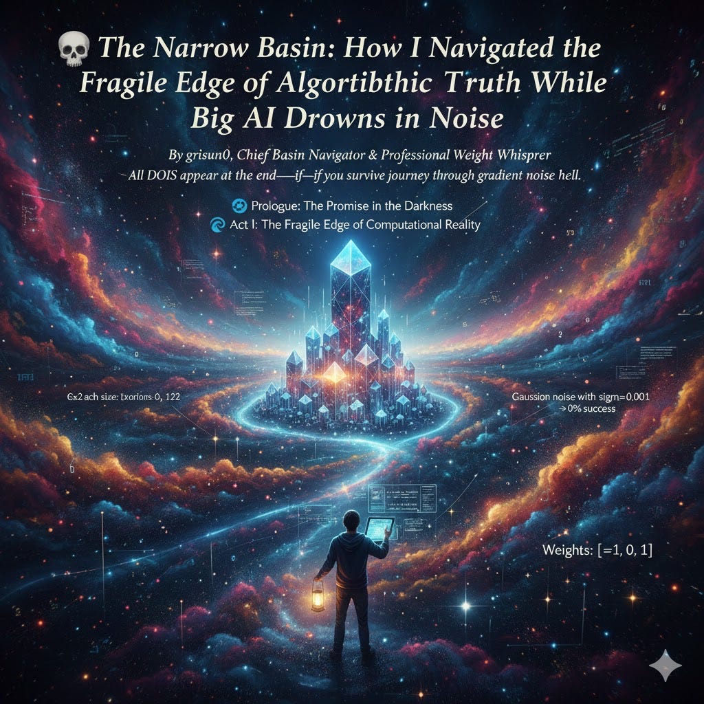 By grisun0, Chief Basin Navigator & Professional Weight Whisperer (Warning: This article contains dangerous numerical truths that may cause AI researchers to question their life choices. All DOIs appear at the end — if you survive the journey through gradient noise hell.)