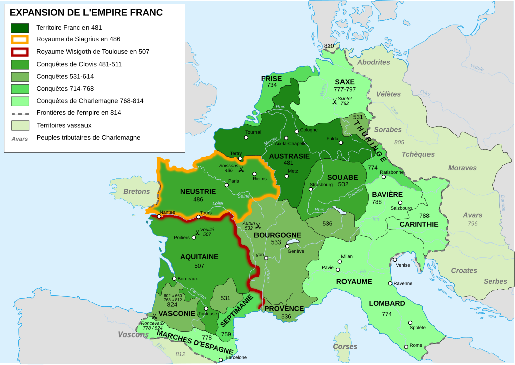 Carte de l’Europe au VIIIᵉ siècle : l’Empire carolingien sous Charlemagne