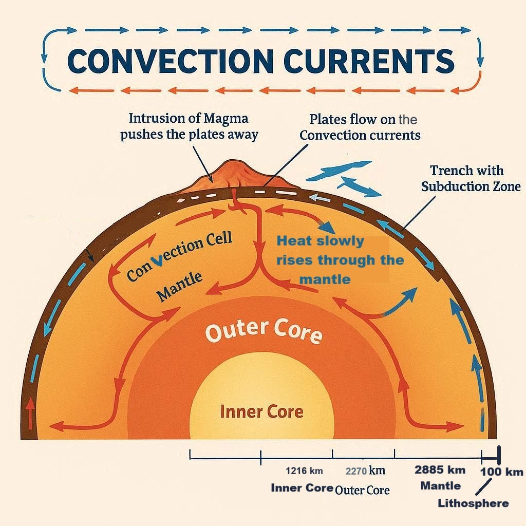 Convection Currents Graphic Illustration. Labeled Educational Process Scheme. Geology Land Movement. Image created with AI assistance.