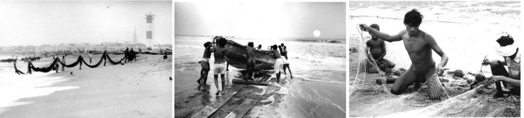 Fishermen on the beach. Photo by Harry Miller (1923–1998) who lived in Madras most of his life and married Revanti, the daughter of S. Parthasarathy.