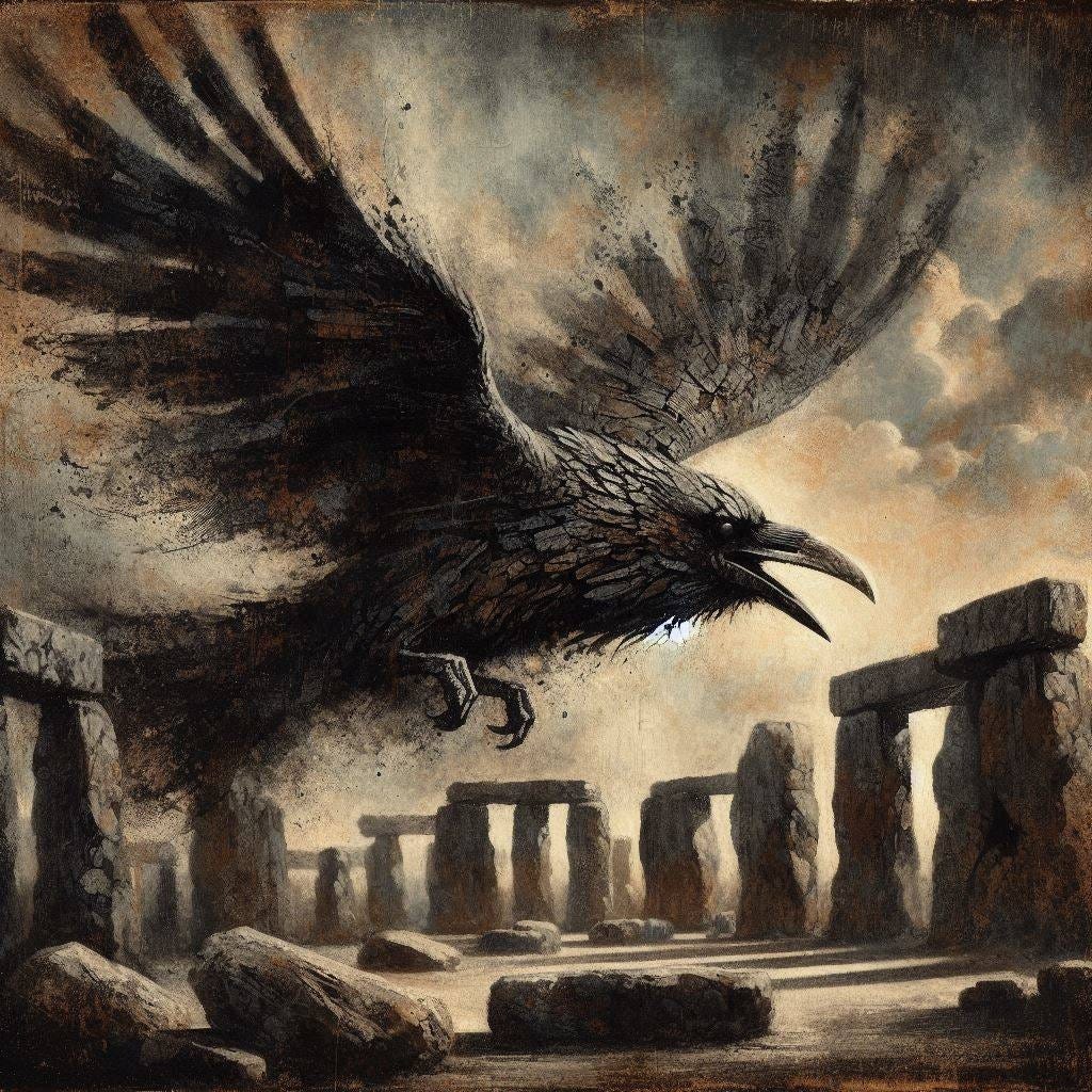 Forest Spirit and Raven: The same charcoal matter painting process produces two distinct results. The forest spirit pushes charcoal toward its most physical expression, where cracked surfaces and layered sediment blur the boundary between painting and drawing. The raven scene uses it more subtly, allowing soft dust, deep shadows, and atmospheric haze to carry the image while preserving the same tactile character. AI art.