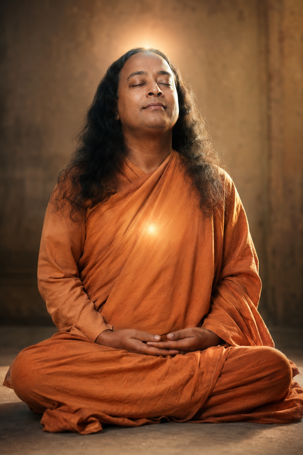 Two points of light, crown and heart, lit exactly the same — because in samādhi (समाधि) there is never a hierarchy between them to dissolve. The smile isn’t composed for anyone watching; it’s what a face does when nothing is being held back from it.