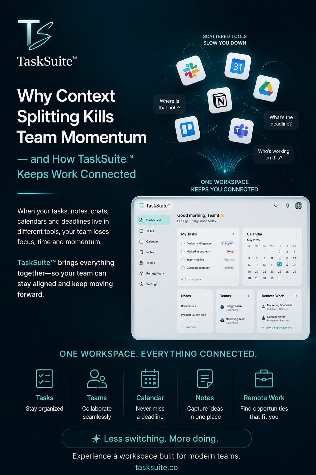 I’d choose “Why Context Splitting Kills Team Momentum – and How TaskSuite™ Keeps Work Connected”.