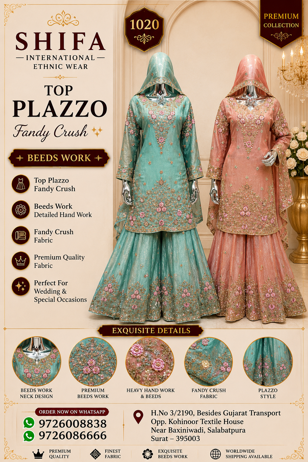 Premium Top Plazzo with Fandy Crush Fabric & Beeds Work | Shifa International Surat