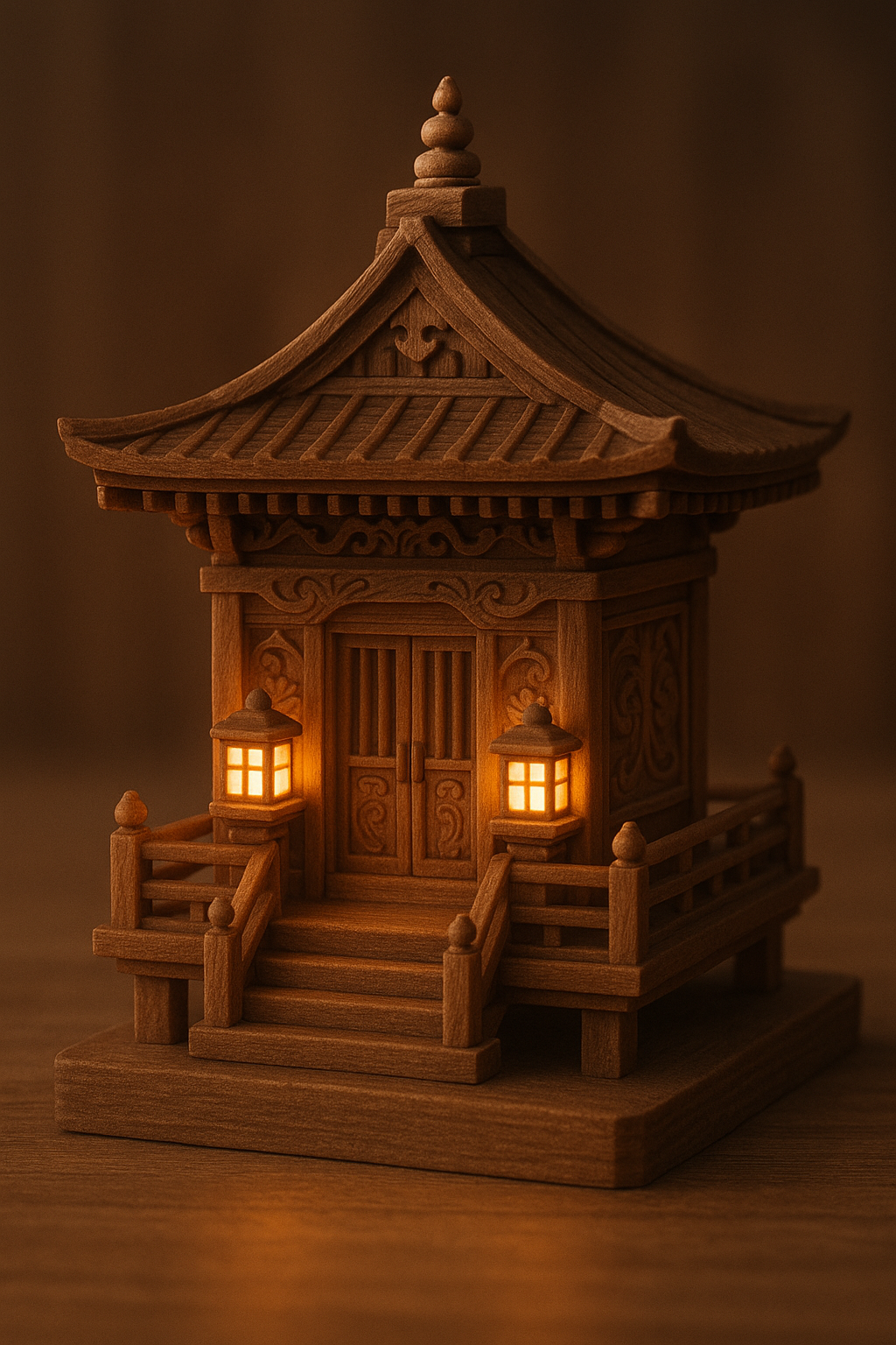 A tiny wooden temple glowing with lantern light, carved details visible. By TandA