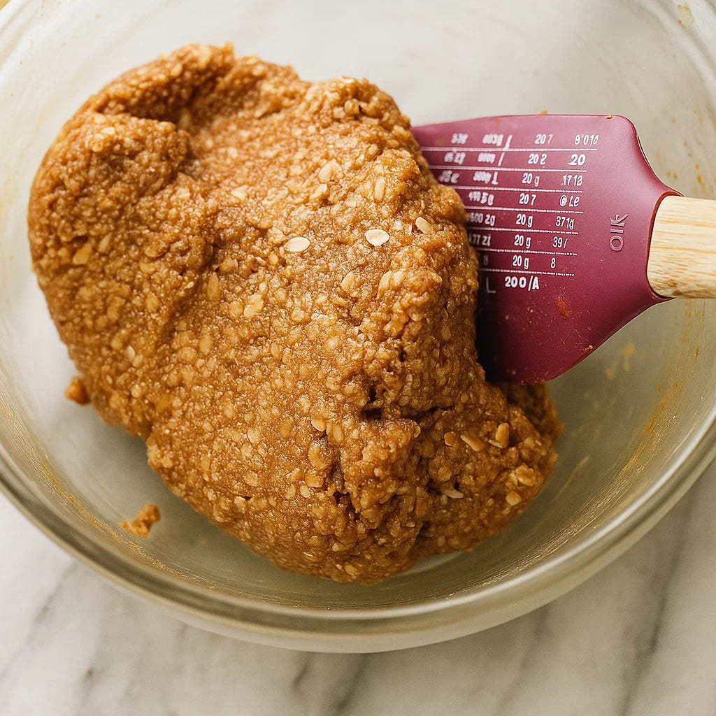 Thick oatmeal cookie dough fully mixed with peanut butter and maple syrup in a mixing bowl