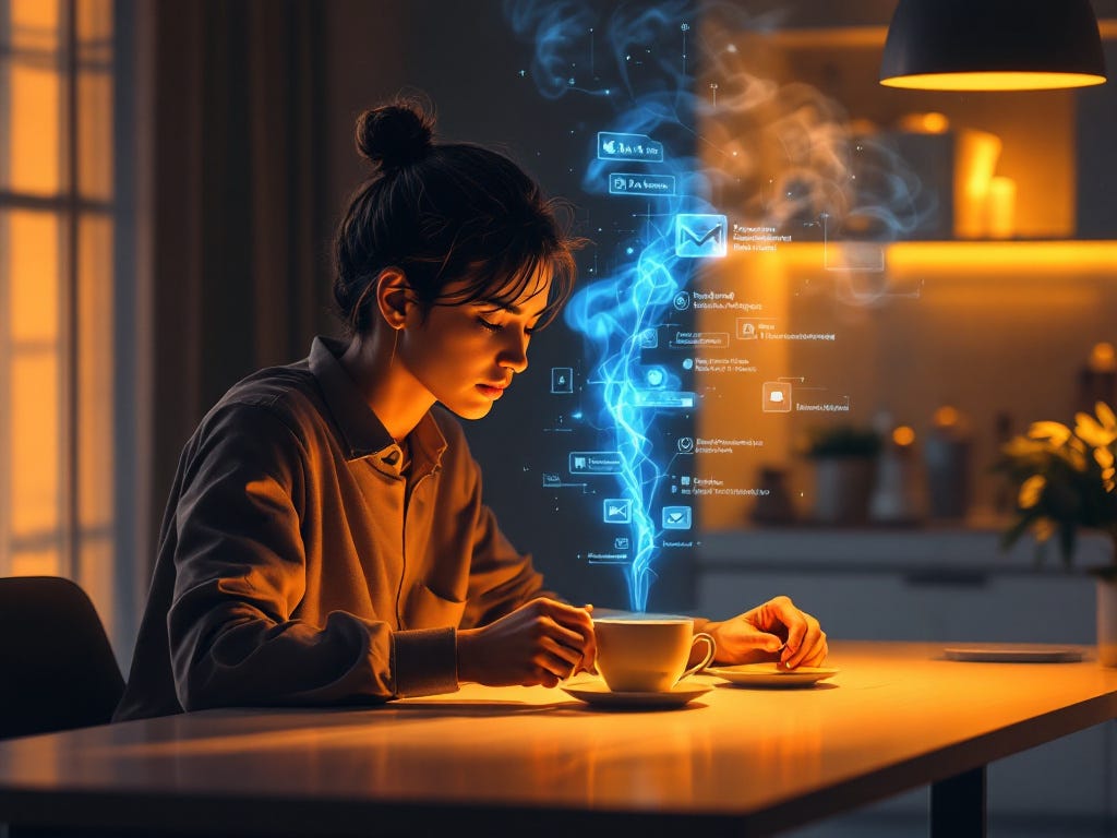 The image captures the tension between convenience and unease where AI handles our daily decisions.