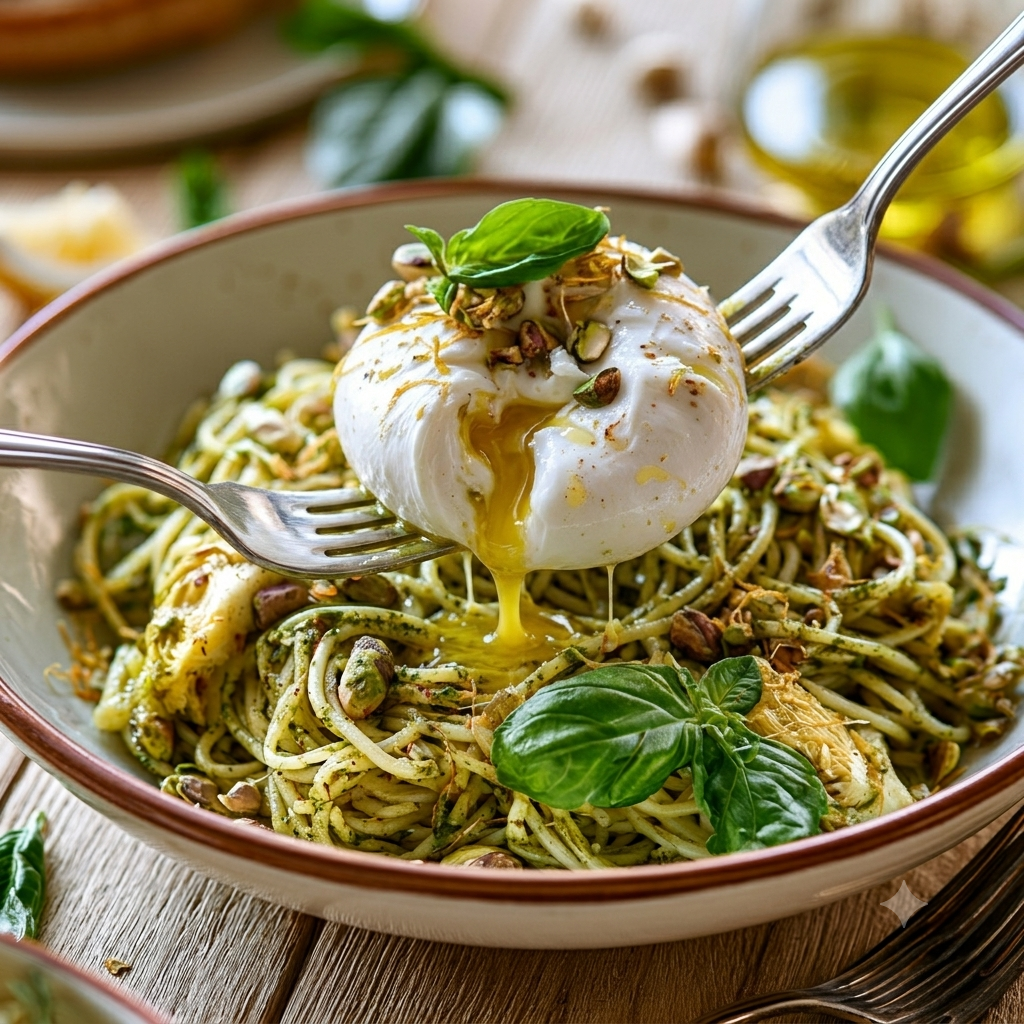 Spaghetti pesto pistache burrata
