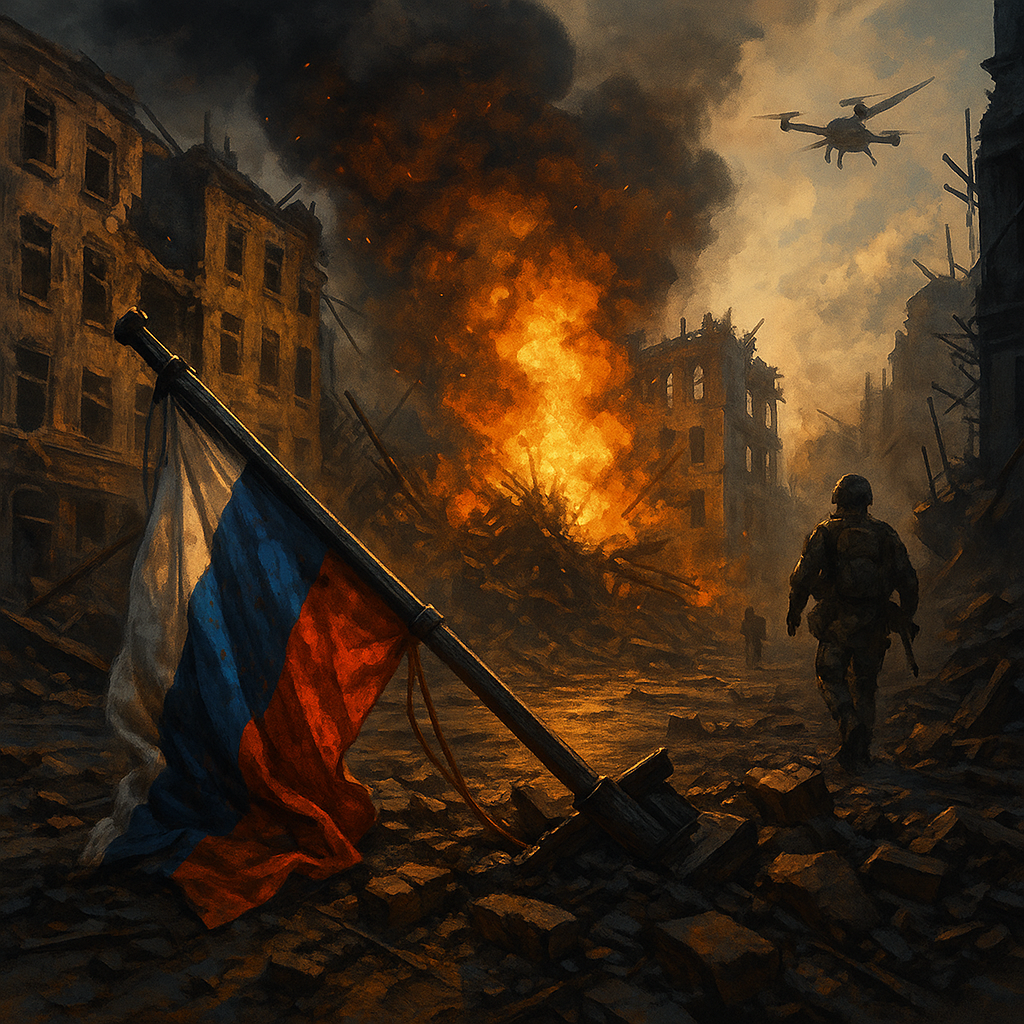 A dark, war-torn urban corridor illuminated by scattered fires and distant explosions. A lone figure stands in the shadows of a shattered subway entrance as drones pass overhead, capturing the chaos and fragmentation of Russia’s faltering war strategy. The scene blends frontline destruction, covert operations, and civilian danger — mirroring the five-front turmoil explored in the article. | Credit: Author