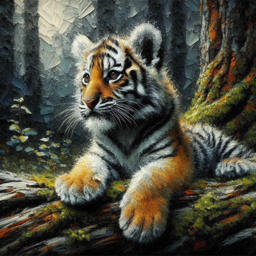 AI Prompts: ‘crocodile looking out of tree hollow, opposite of hyper-realism’ + ‘baby tiger in woods, oil painting, opposite of seamless transitions’. Two short inversions, two very different outcomes: a playful, storybook-style crocodile and a richly textured impasto painting with visible brushwork.