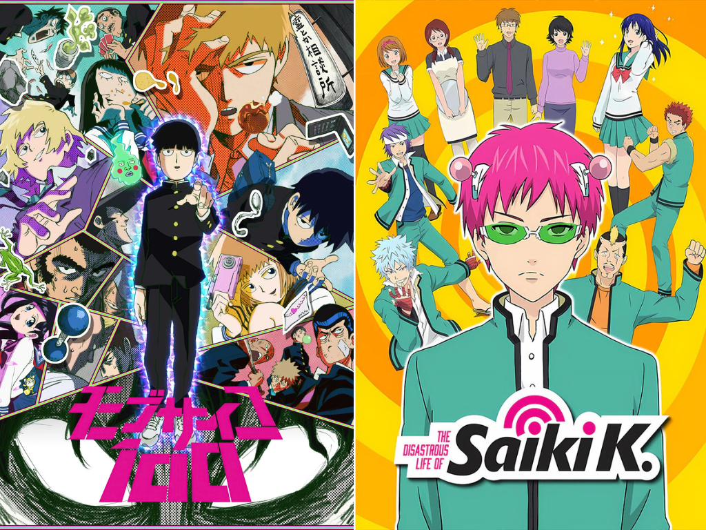 Official posters for Saiki K and Mob Psycho, from Crunchyroll