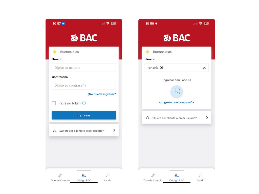 The old login experience: token always visible, biometrics buried. Every user, same screen.