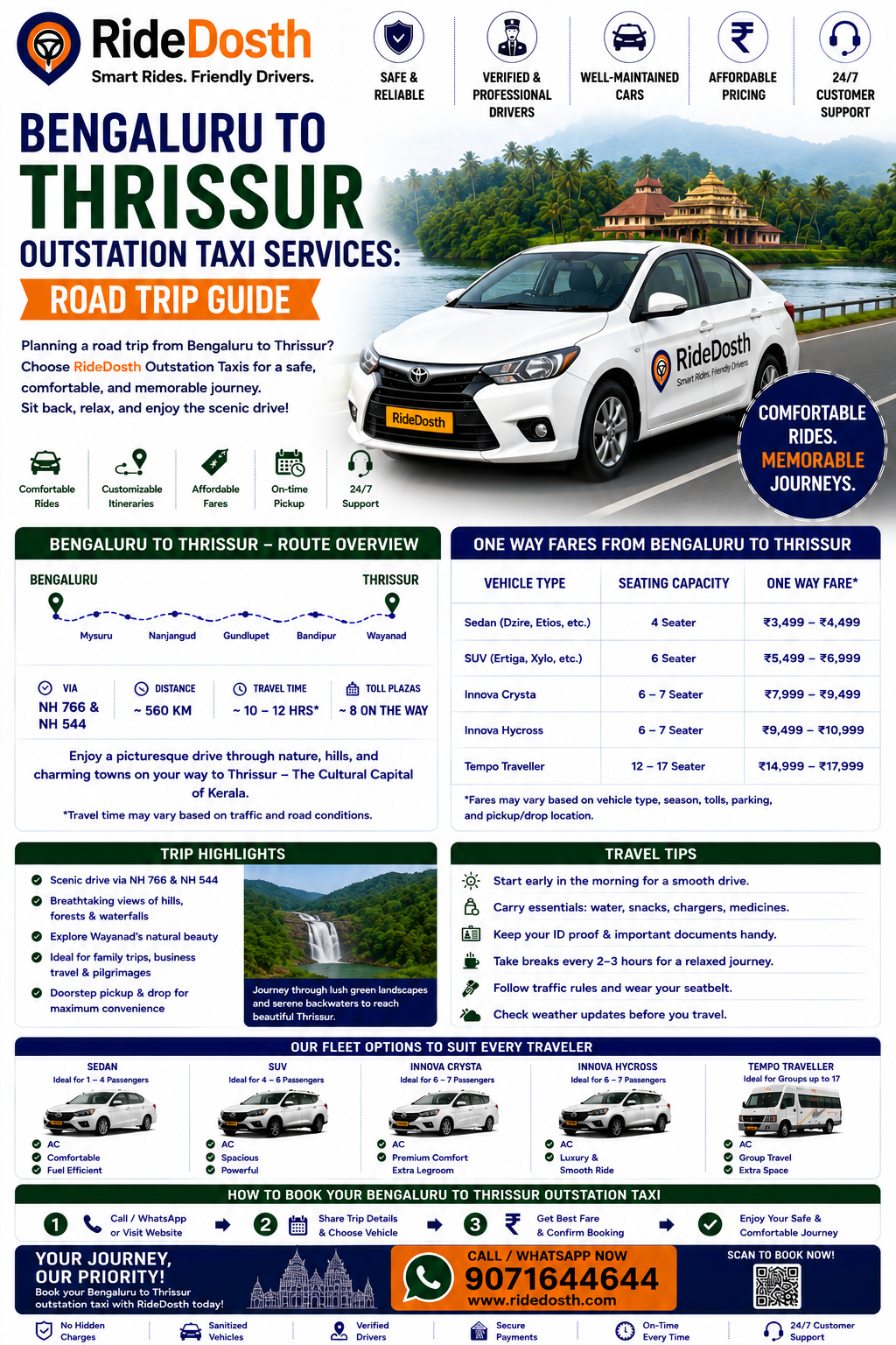 Bengaluru to Thrissur Outstation Taxi Services: Road Trip Guide