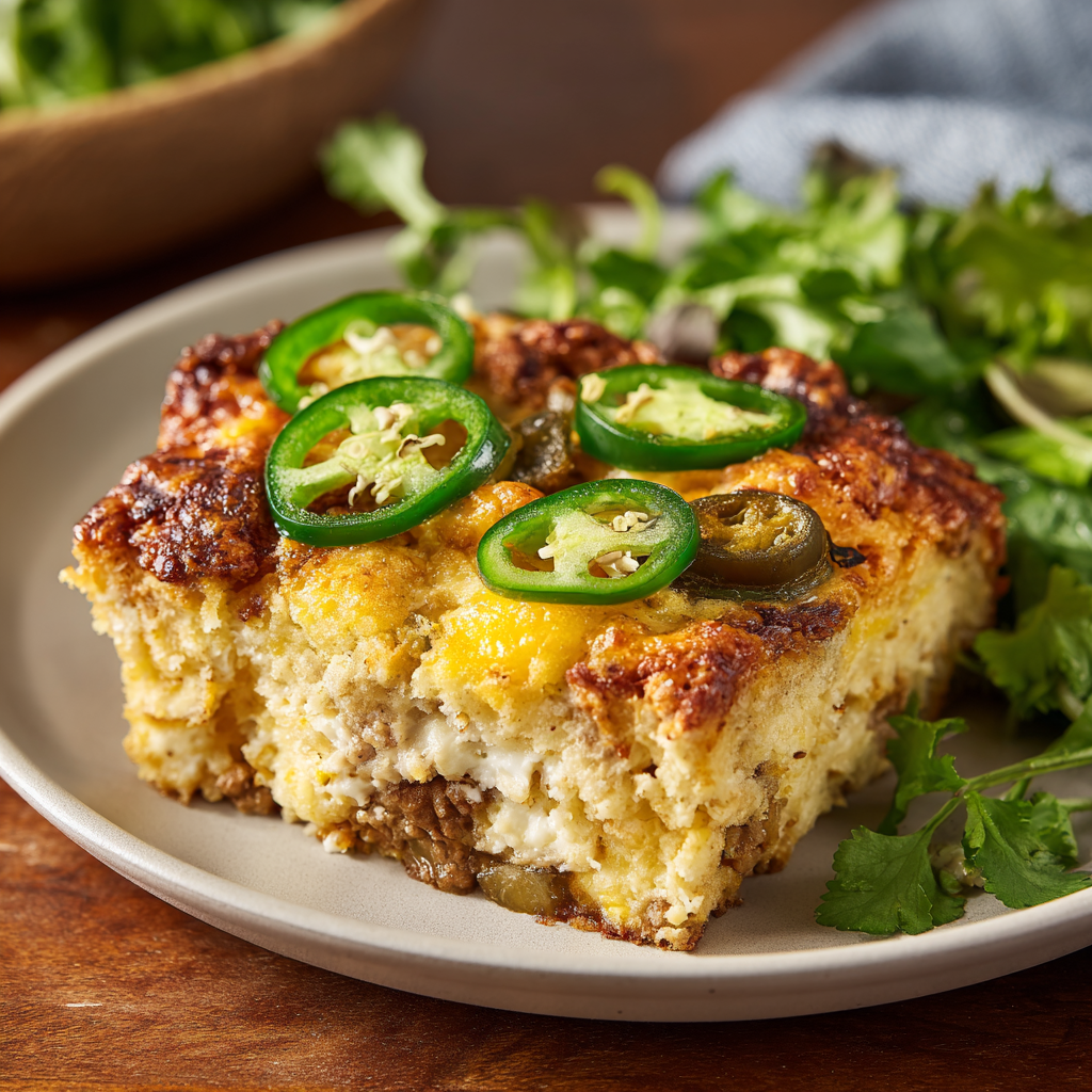 Fully baked John Wayne casserole with melted cheese and jalapeños
